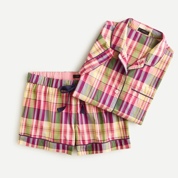J CREW Women’s Short Sleeve Multicolor Madras Plaid Short Pajama Set Size Large